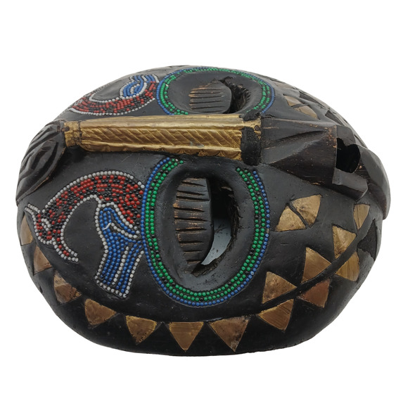 VTG 12” African Ghana Hand Made Carved Baluba Moon Wood Beaded Mask Tribal - Picture 3 of 12